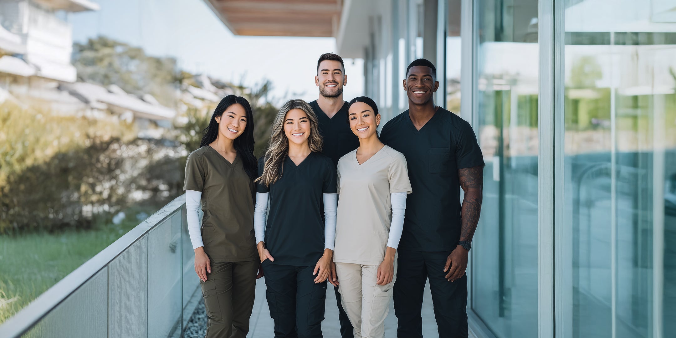 Group of nurse in scrubs posing on a glass terrace
