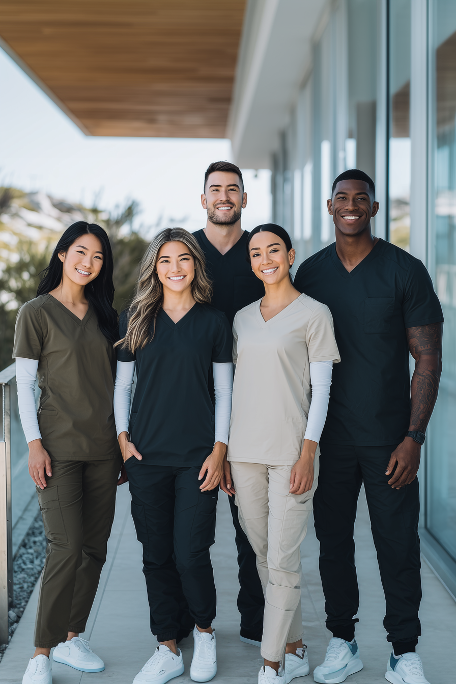 Group of nurse in scrubs posing on a glass terrace