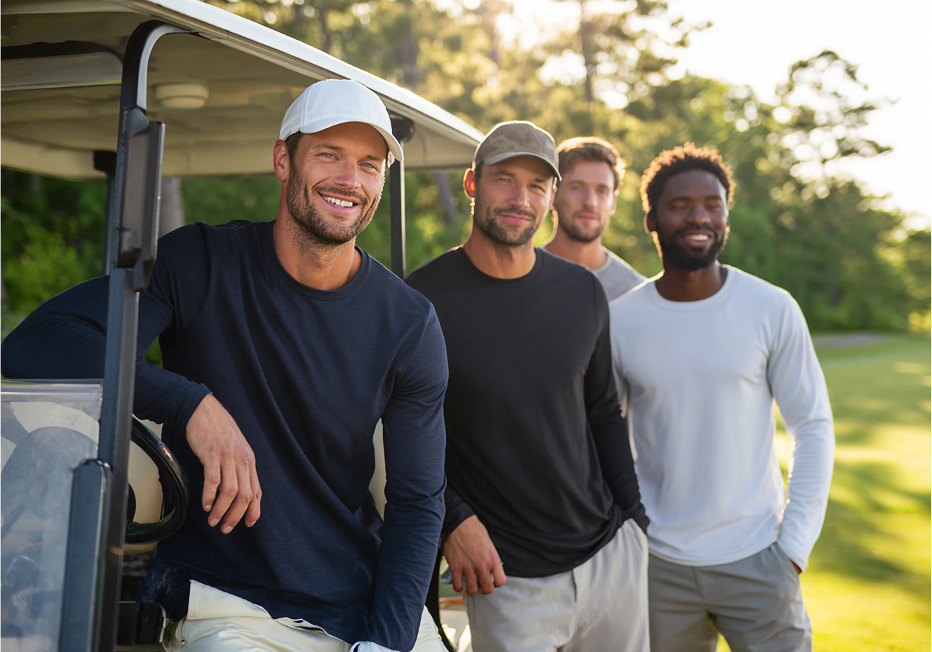 Group of men wearing Auragen long-sleeve performance tees standing beside a golf cart on a sunny course, representing breathable, collagen-infused apparel designed for comfort, confidence, and movement in active lifestyles.