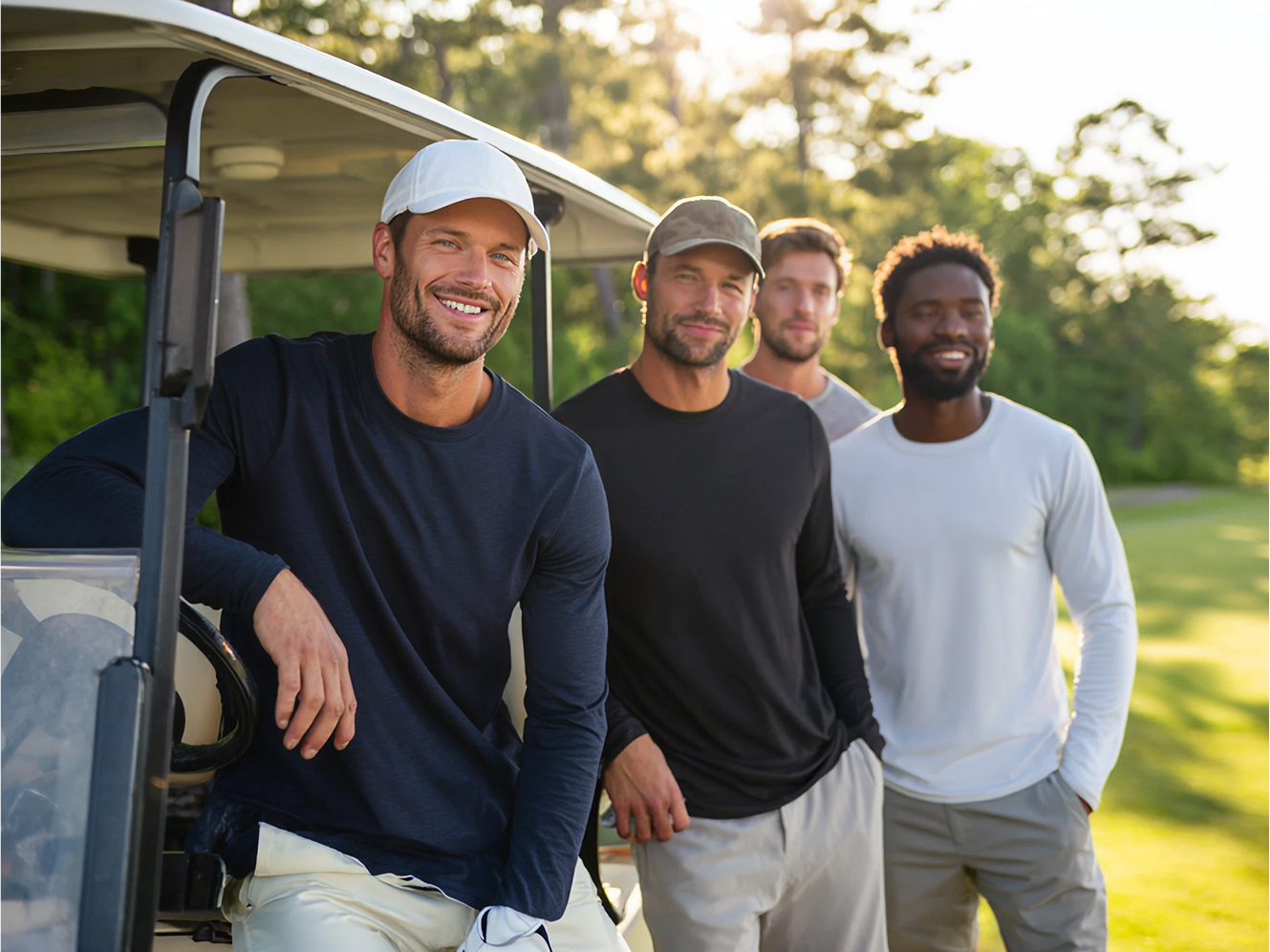 Group of men wearing Auragen long-sleeve performance tees standing beside a golf cart on a sunny course, representing breathable, collagen-infused apparel designed for comfort, confidence, and movement in active lifestyles.