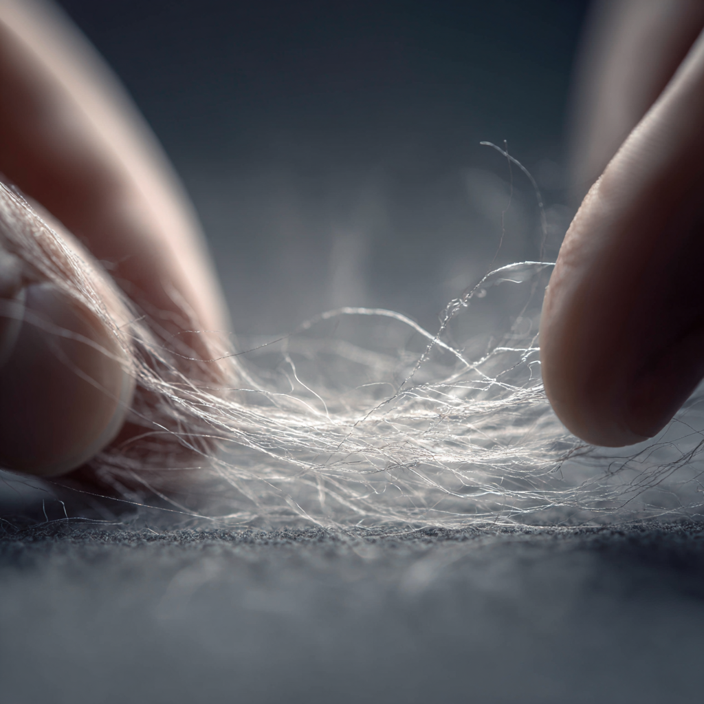 Close-up macro image of collagen-infused fabric fibers between fingertips, illustrating Auragen’s advanced textile technology that blends softness, strength, and skin-nourishing innovation.