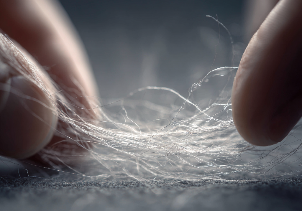 Close-up macro image of collagen-infused fabric fibers between fingertips, illustrating Auragen’s advanced textile technology that blends softness, strength, and skin-nourishing innovation.
