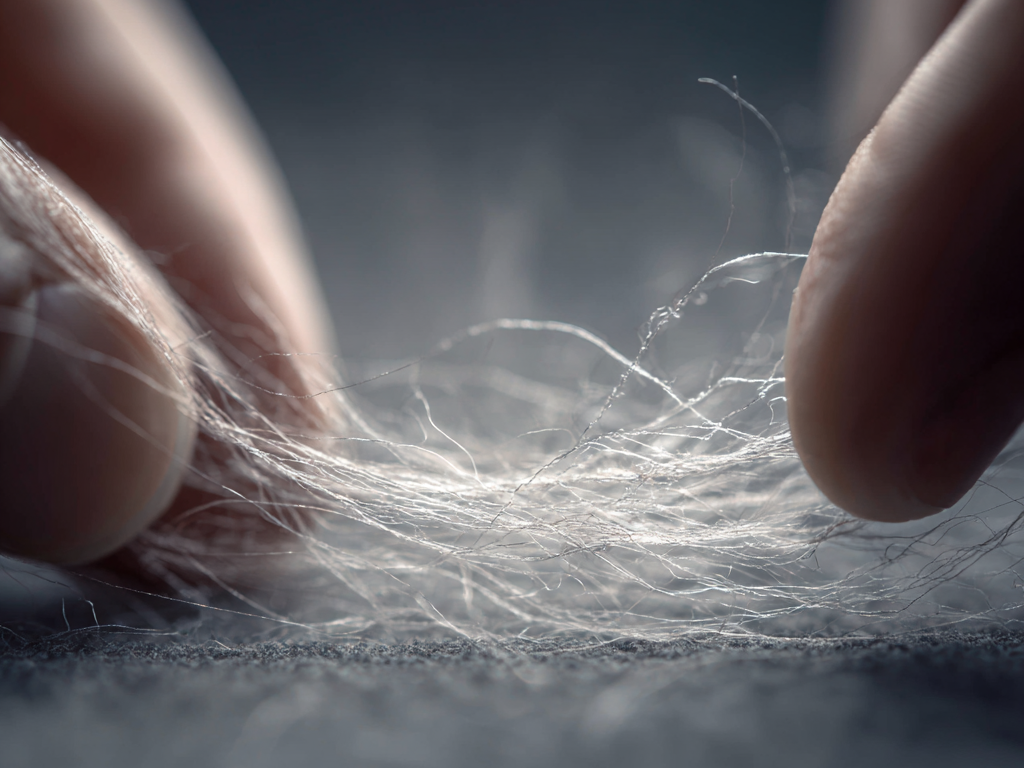 Close-up macro image of collagen-infused fabric fibers between fingertips, illustrating Auragen’s advanced textile technology that blends softness, strength, and skin-nourishing innovation.