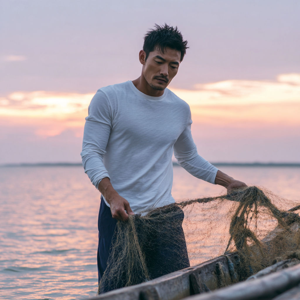 Man wearing a white Auragen collagen-infused long-sleeve shirt handling fishing nets at sunrise, symbolizing the brand’s connection to marine-sourced innovation and sustainable performance wear.