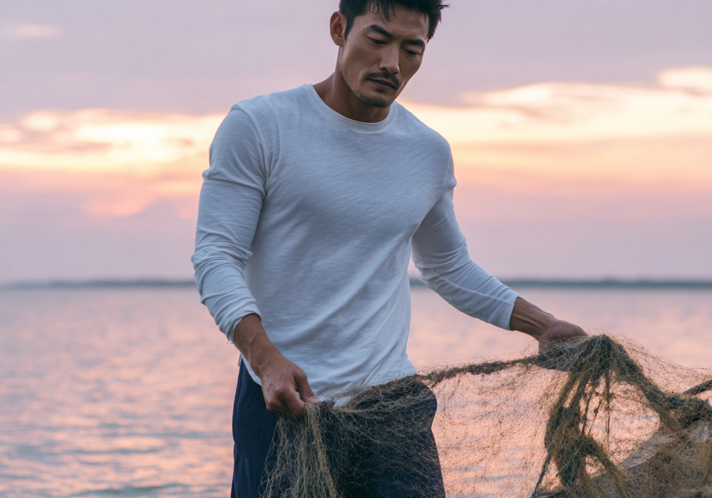 Man wearing a white Auragen collagen-infused long-sleeve shirt handling fishing nets at sunrise, symbolizing the brand’s connection to marine-sourced innovation and sustainable performance wear.