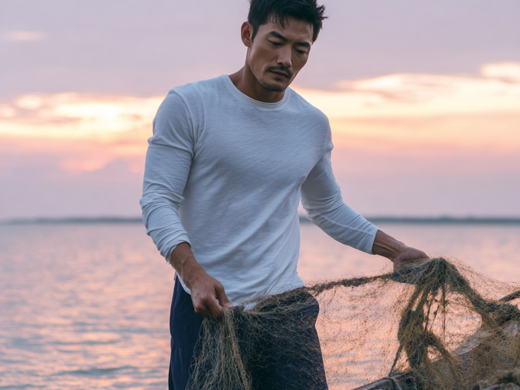 Man wearing a white Auragen collagen-infused long-sleeve shirt handling fishing nets at sunrise, symbolizing the brand’s connection to marine-sourced innovation and sustainable performance wear.