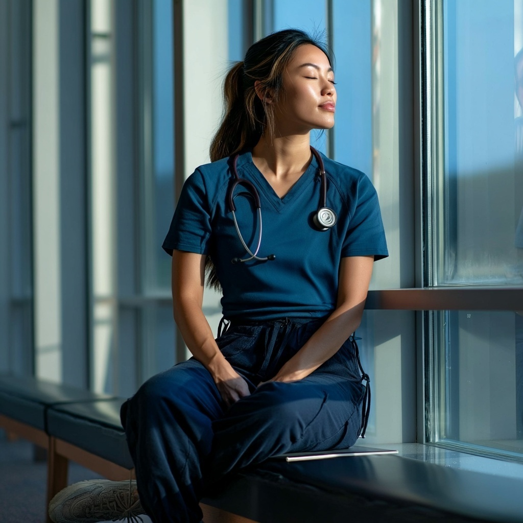 Female healthcare professional wearing teal Auragen collagen-infused scrubs, sitting by a window and taking a mindful break, representing wellness-driven workwear designed for comfort, movement, and skin health.