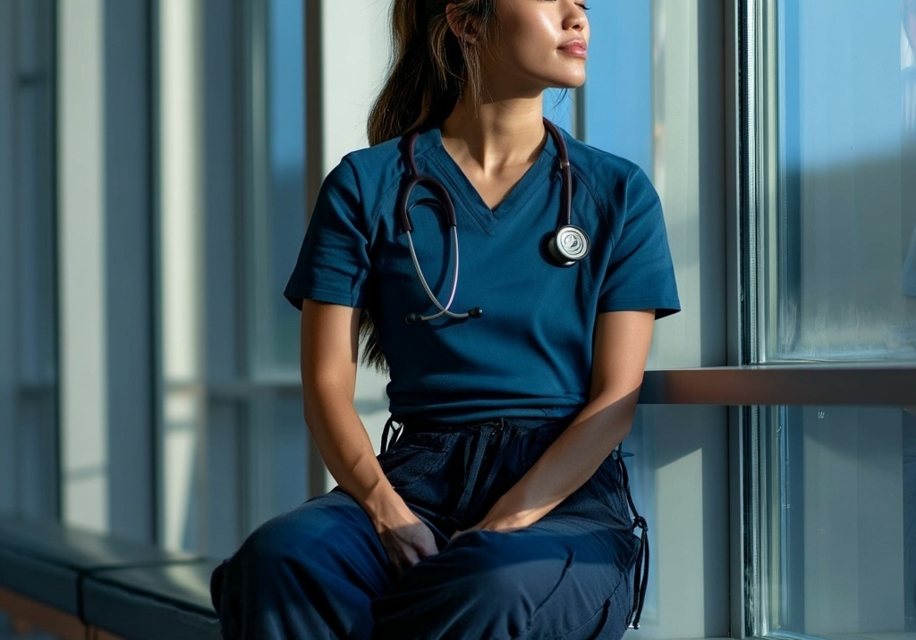 Female healthcare professional wearing teal Auragen collagen-infused scrubs, sitting by a window and taking a mindful break, representing wellness-driven workwear designed for comfort, movement, and skin health.