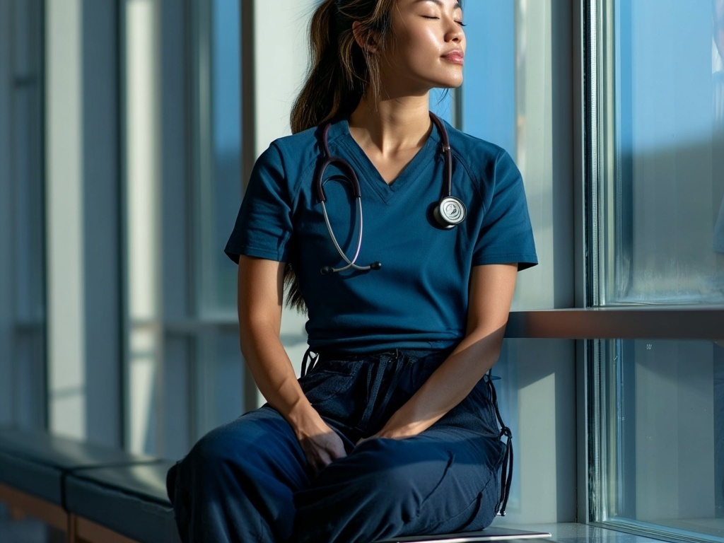 Female healthcare professional wearing teal Auragen collagen-infused scrubs, sitting by a window and taking a mindful break, representing wellness-driven workwear designed for comfort, movement, and skin health.