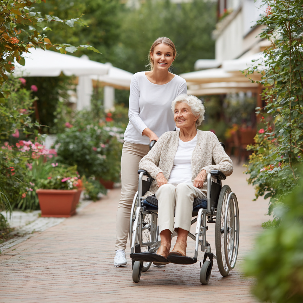Young caregiver wearing a white Auragen collagen-infused performance top, smiling while assisting an elderly woman in a wheelchair outdoors, representing wellness-driven apparel made for care, comfort, and movement.