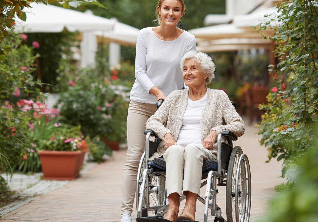 Young caregiver wearing a white Auragen collagen-infused performance top, smiling while assisting an elderly woman in a wheelchair outdoors, representing wellness-driven apparel made for care, comfort, and movement.