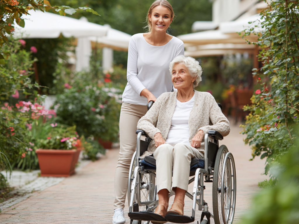 Young caregiver wearing a white Auragen collagen-infused performance top, smiling while assisting an elderly woman in a wheelchair outdoors, representing wellness-driven apparel made for care, comfort, and movement.