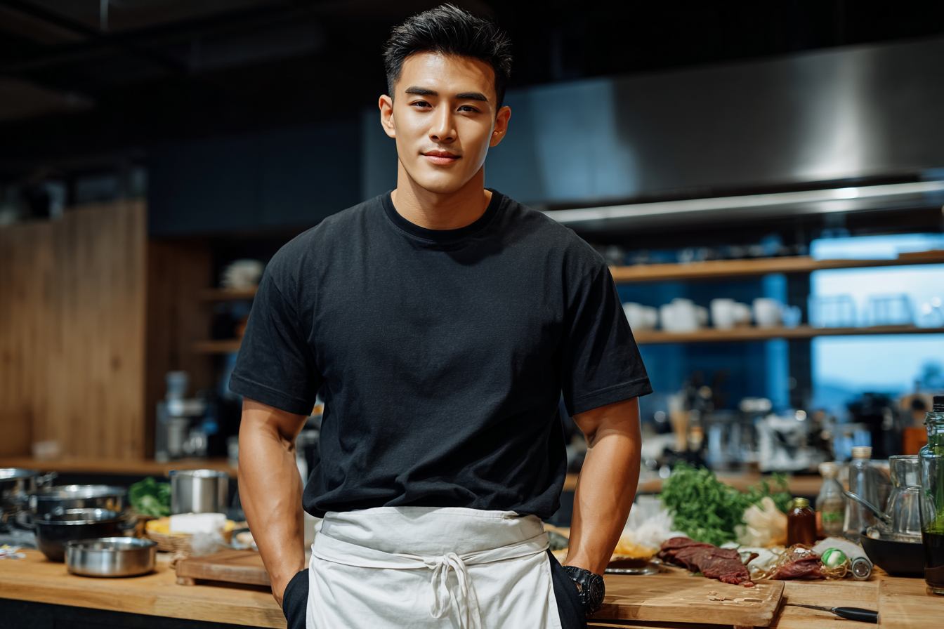 Male chef wearing a black Auragen collagen-infused performance tee and white apron in a modern kitchen, representing breathable, skin-conscious apparel designed for comfort and movement under heat.