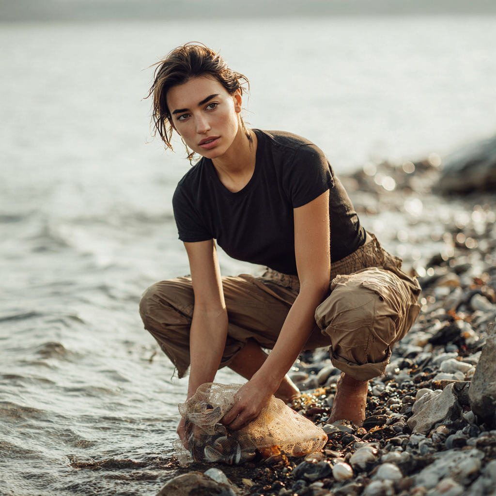 Woman wearing a black Auragen collagen-infused tee and khaki pants collecting seashells by the shore, symbolizing the brand’s roots in ocean-sourced innovation and sustainable performance design.