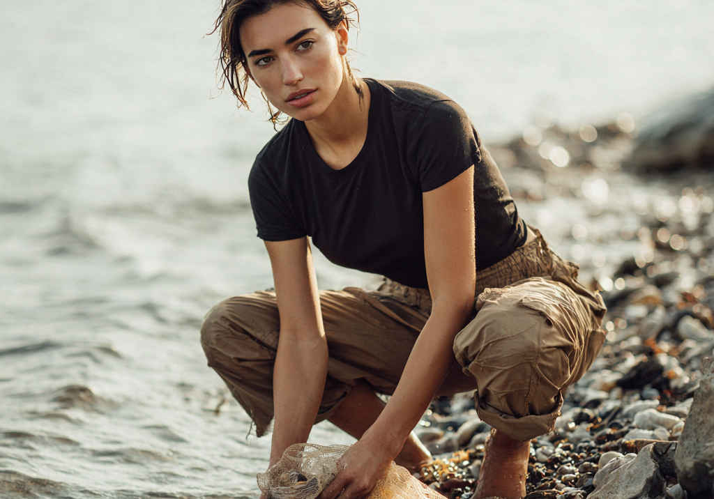 Woman wearing a black Auragen collagen-infused tee and khaki pants collecting seashells by the shore, symbolizing the brand’s roots in ocean-sourced innovation and sustainable performance design.