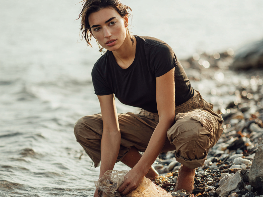 Woman wearing a black Auragen collagen-infused tee and khaki pants collecting seashells by the shore, symbolizing the brand’s roots in ocean-sourced innovation and sustainable performance design.