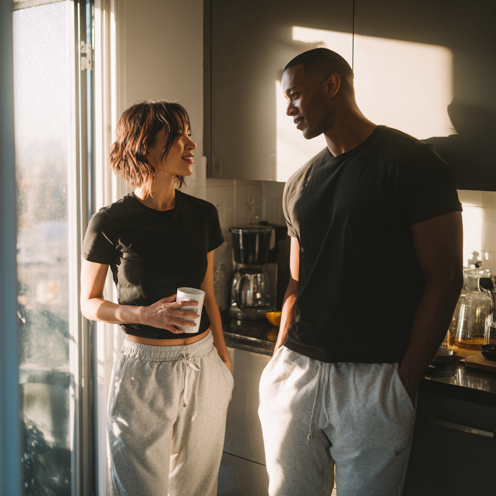 Couple wearing black Auragen collagen-infused tees and grey lounge pants, standing in a sunlit kitchen and enjoying a relaxed morning conversation, representing comfort, connection, and everyday wellness.