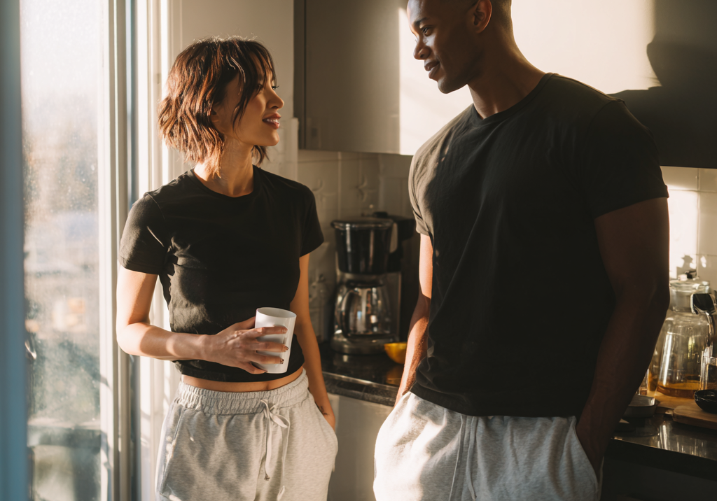Couple wearing black Auragen collagen-infused tees and grey lounge pants, standing in a sunlit kitchen and enjoying a relaxed morning conversation, representing comfort, connection, and everyday wellness.