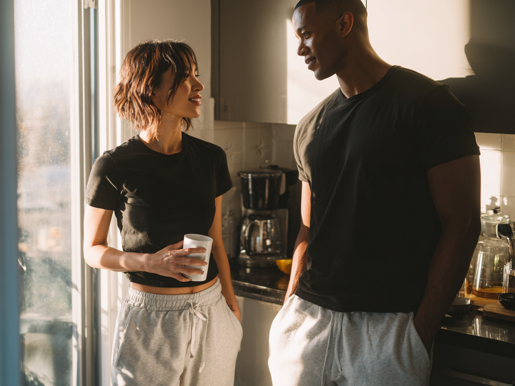 Couple wearing black Auragen collagen-infused tees and grey lounge pants, standing in a sunlit kitchen and enjoying a relaxed morning conversation, representing comfort, connection, and everyday wellness.