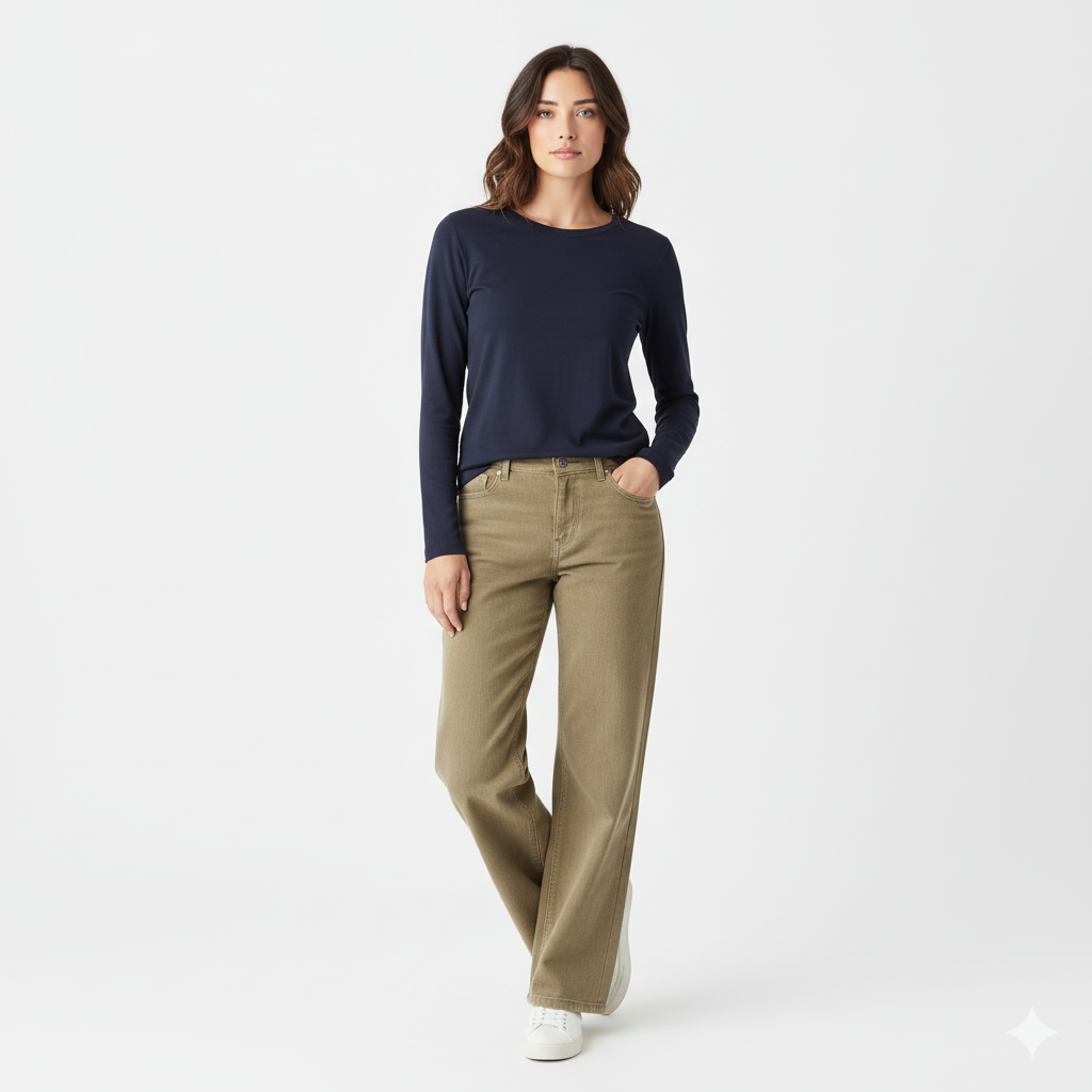 Woman wearing a navy long-sleeve shirt and beige pants on a white background