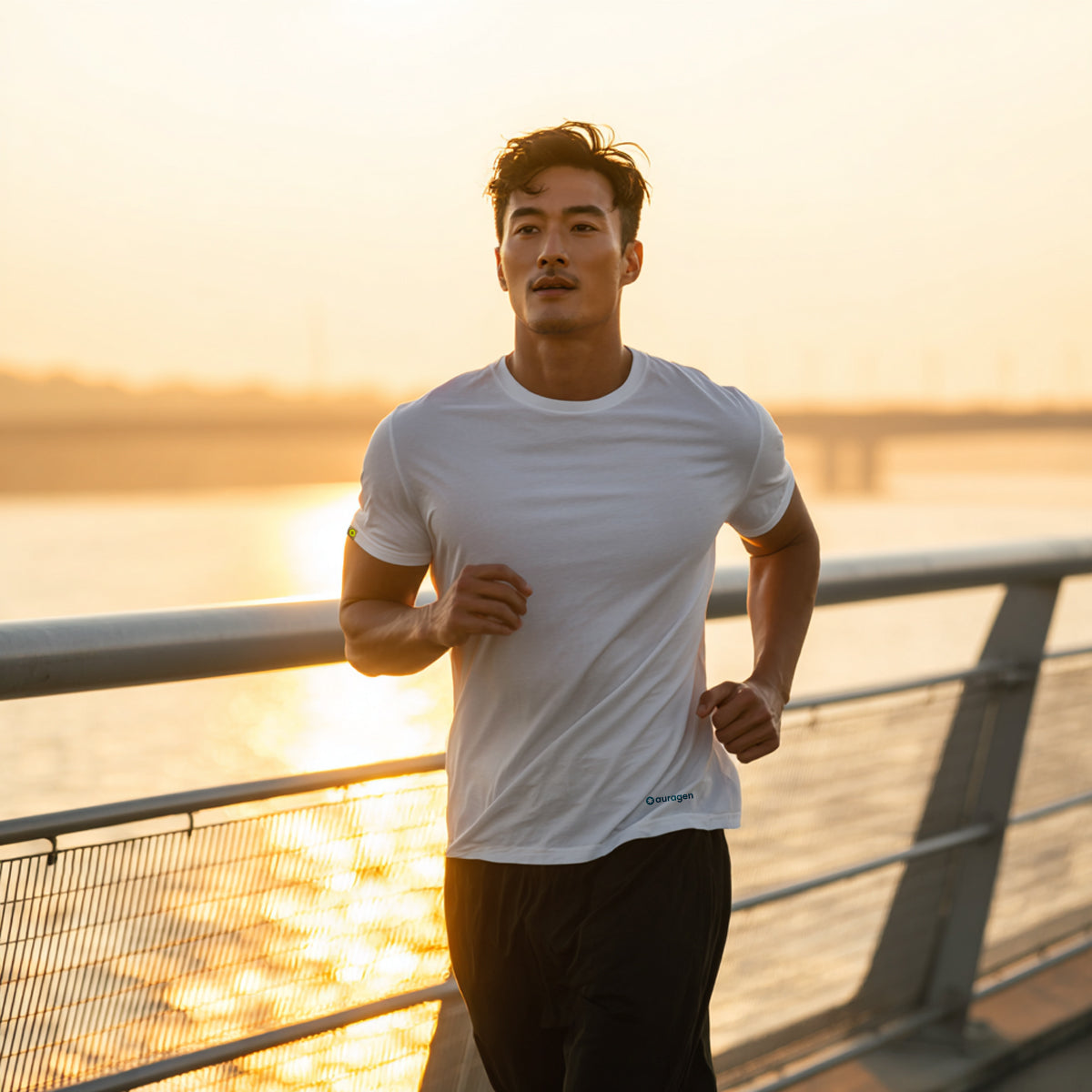 Man running on a bridge during sunset