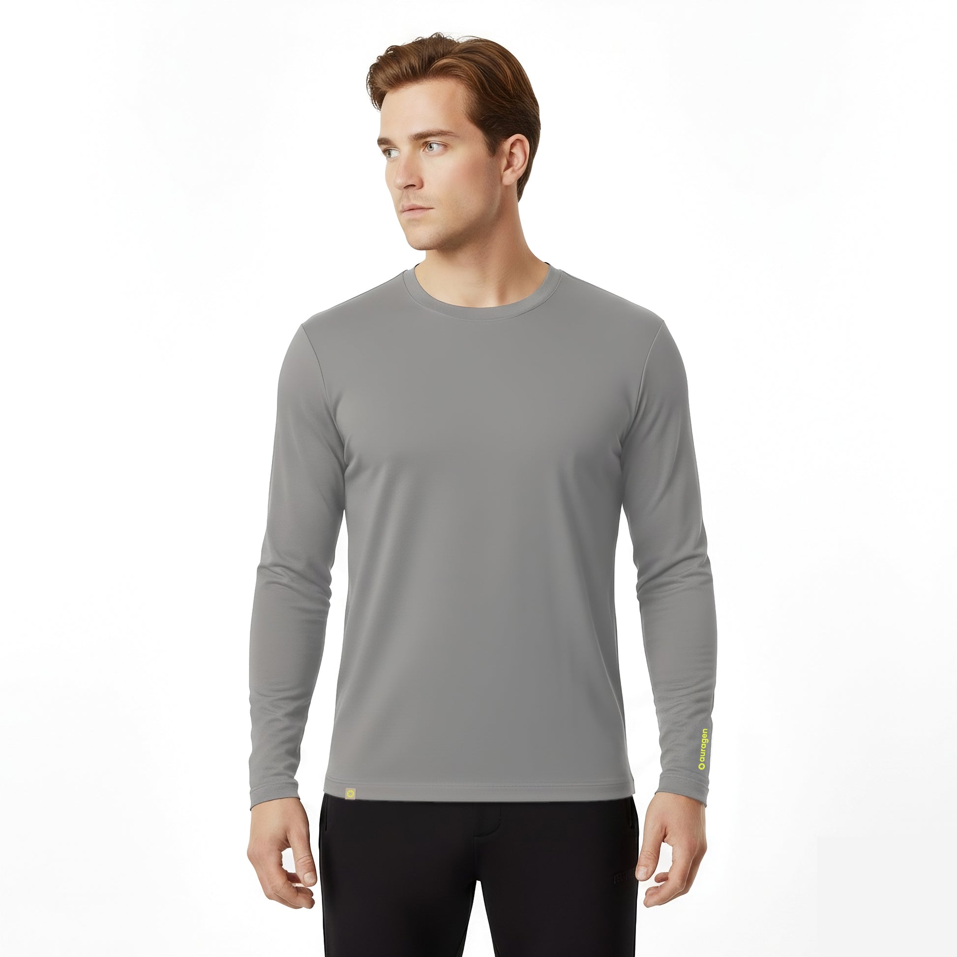 Man wearing a gray long-sleeve shirt on a white background