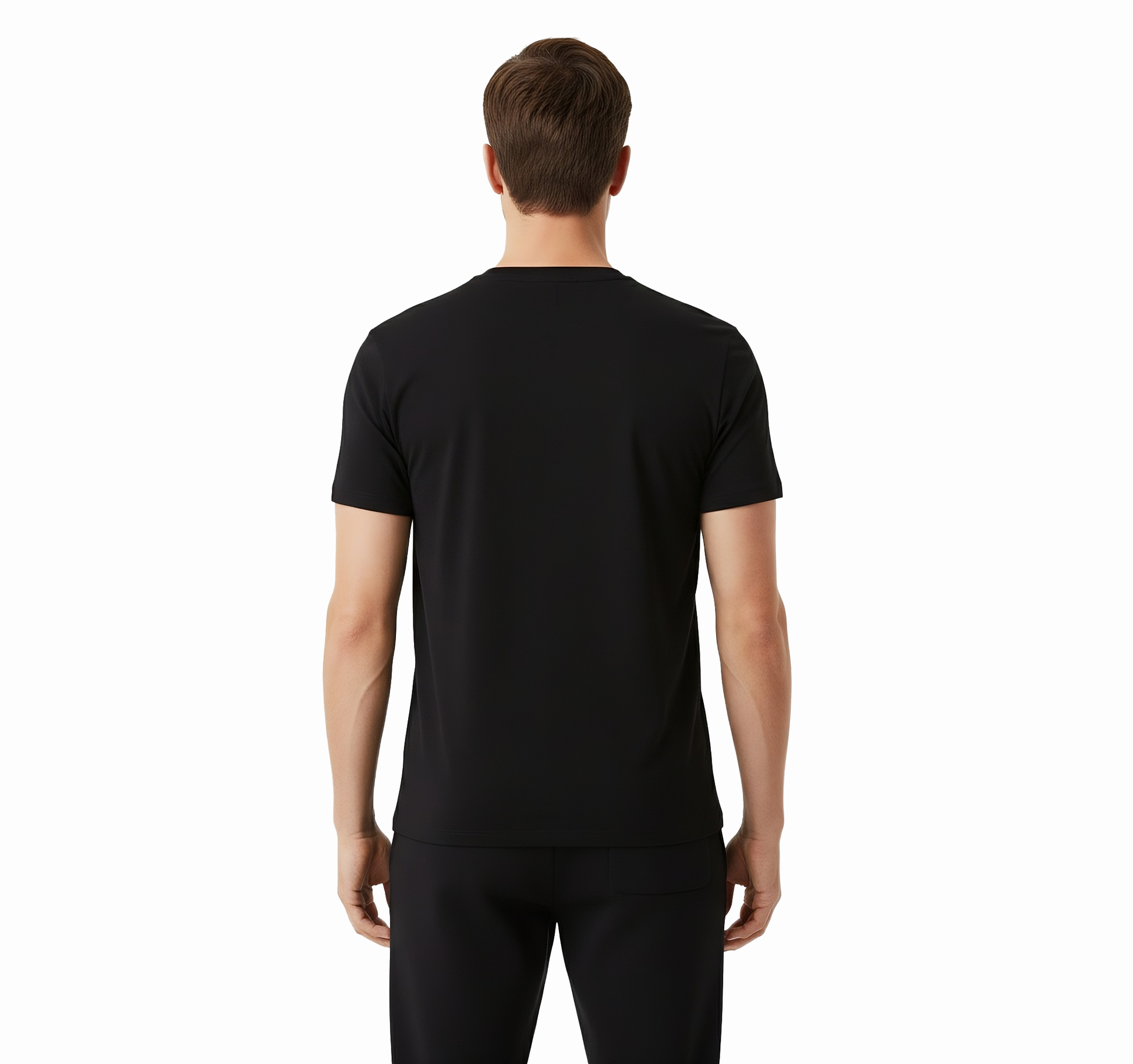 Man wearing a black t-shirt on a white background