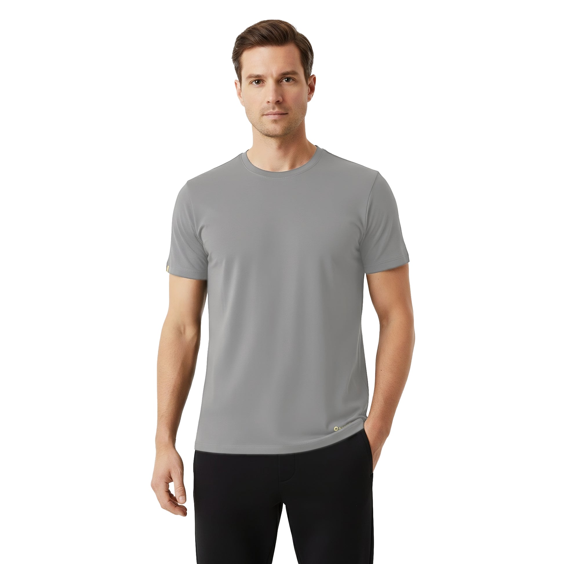 Man wearing a gray t-shirt on a white background