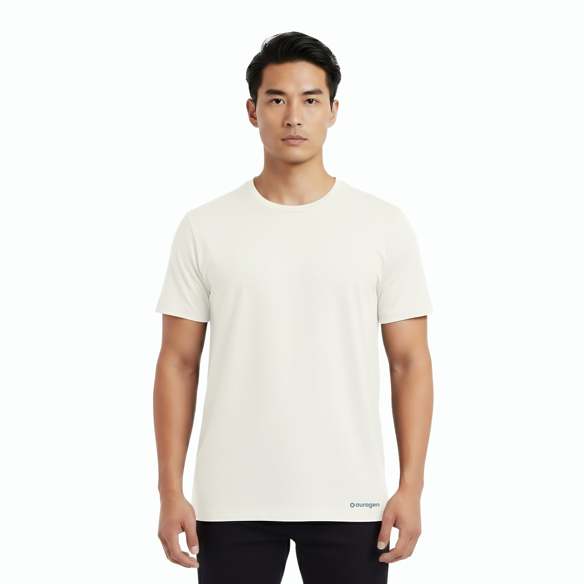 Man wearing a plain white t-shirt on a white background