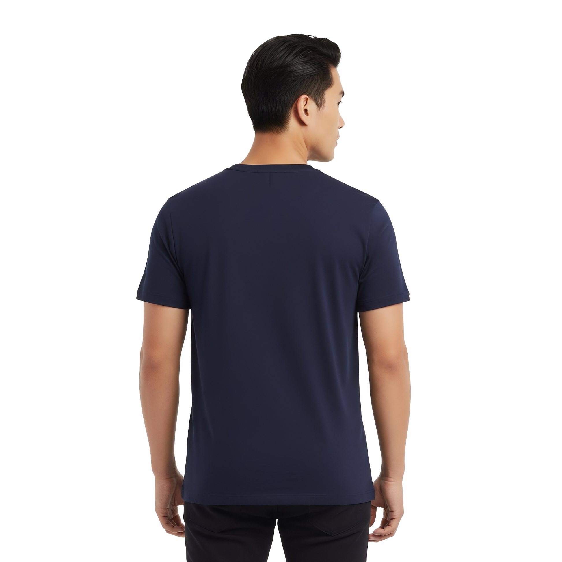 Man wearing a navy blue t-shirt on a white background