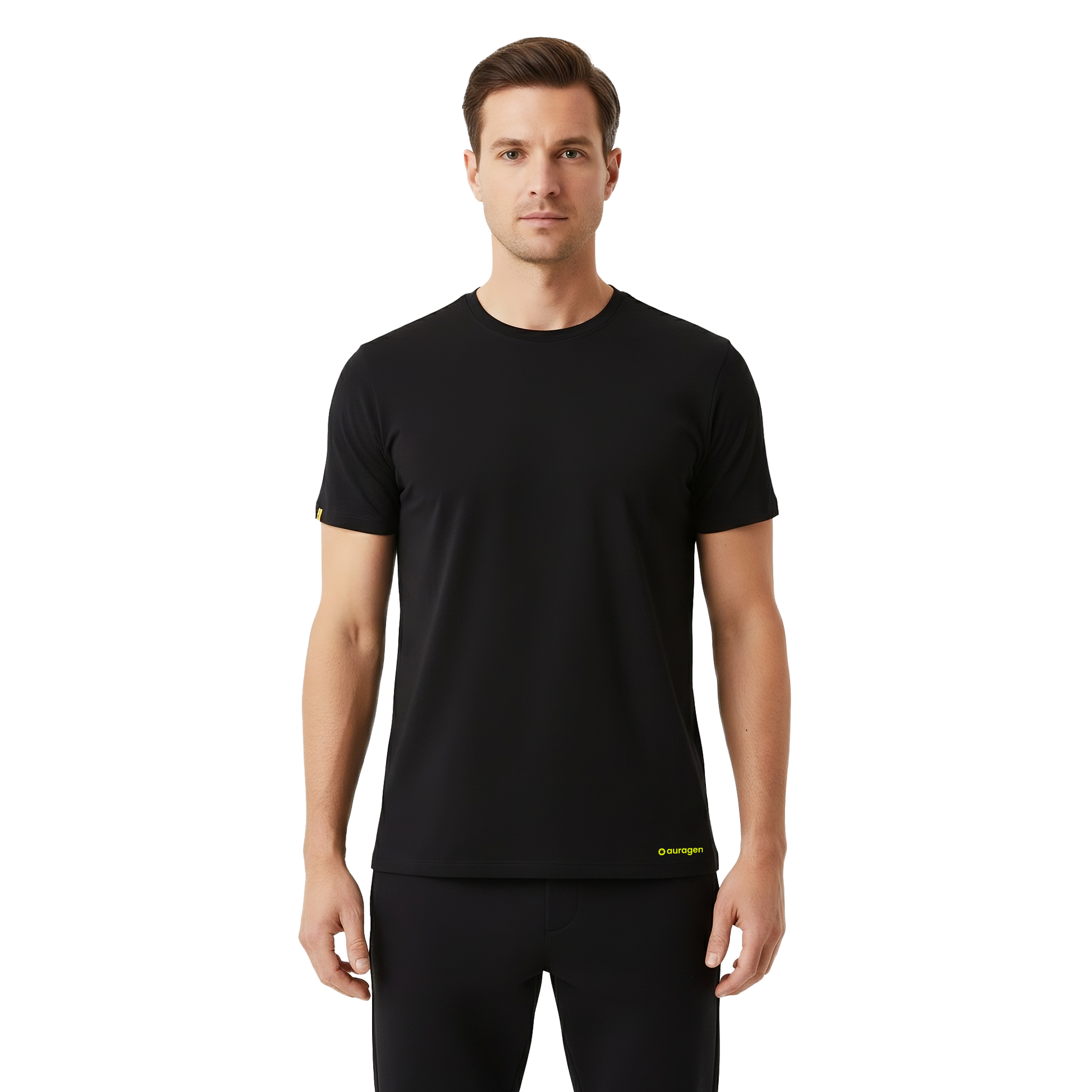 Man wearing a black t-shirt with a brand logo on a white background