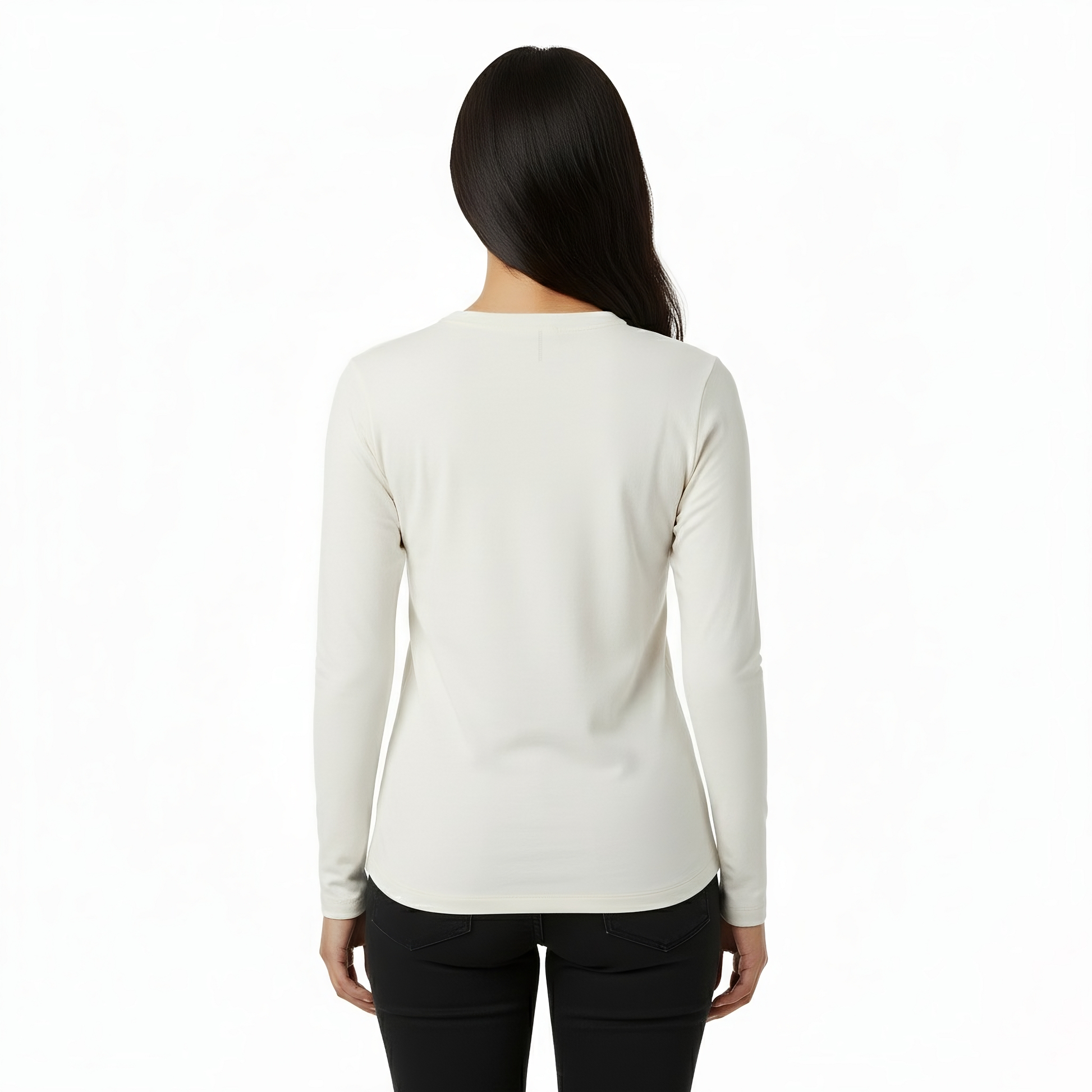 Woman wearing a white long-sleeve top on a white background