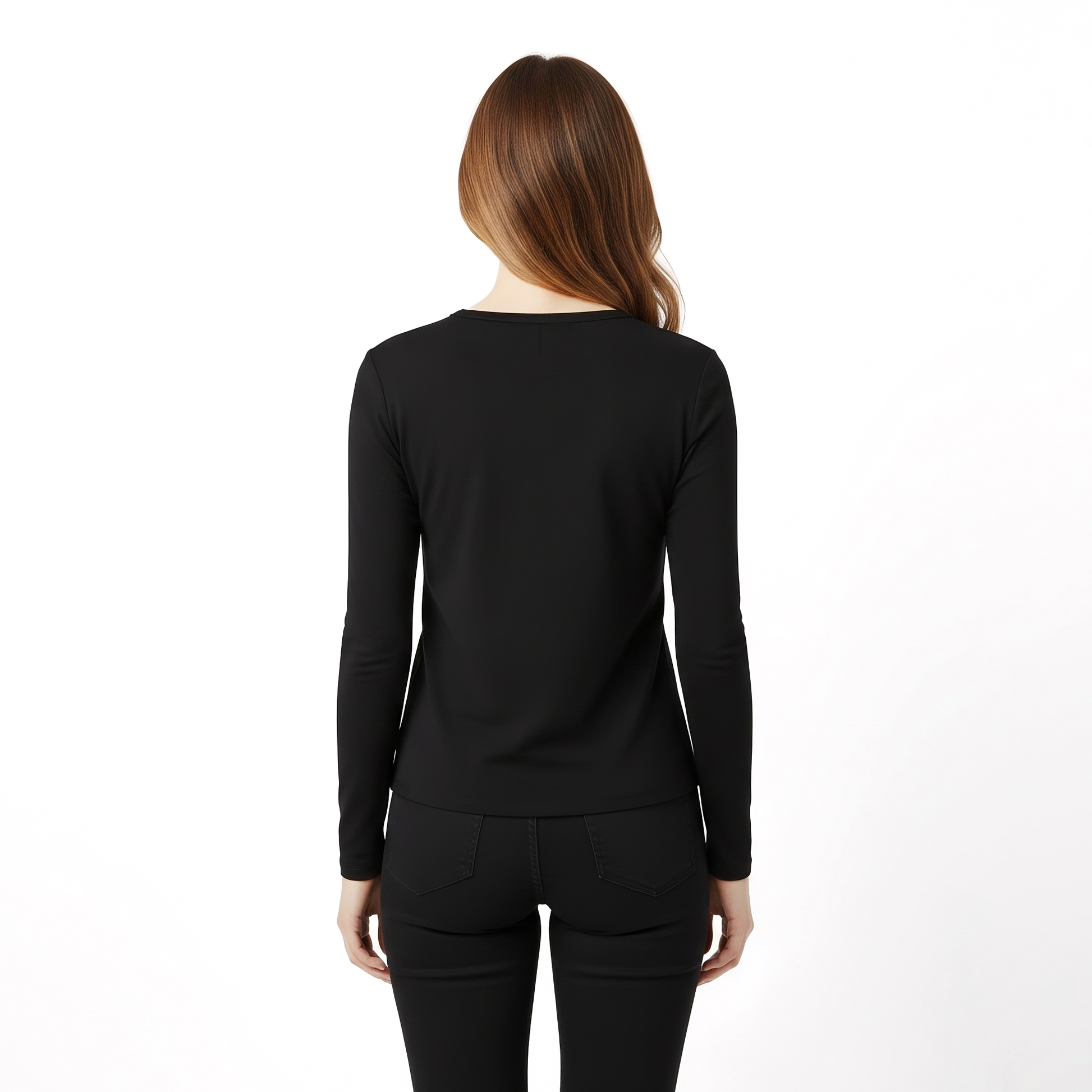 Person wearing a black long-sleeve top and pants on a white background