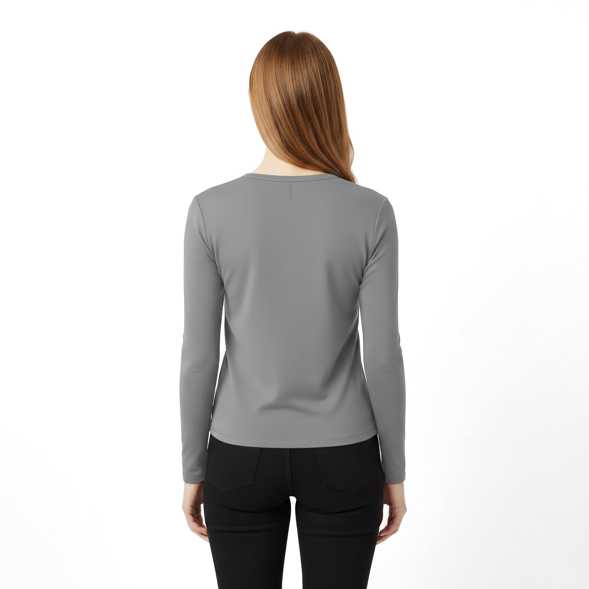 Woman wearing a gray long-sleeve top on a white background