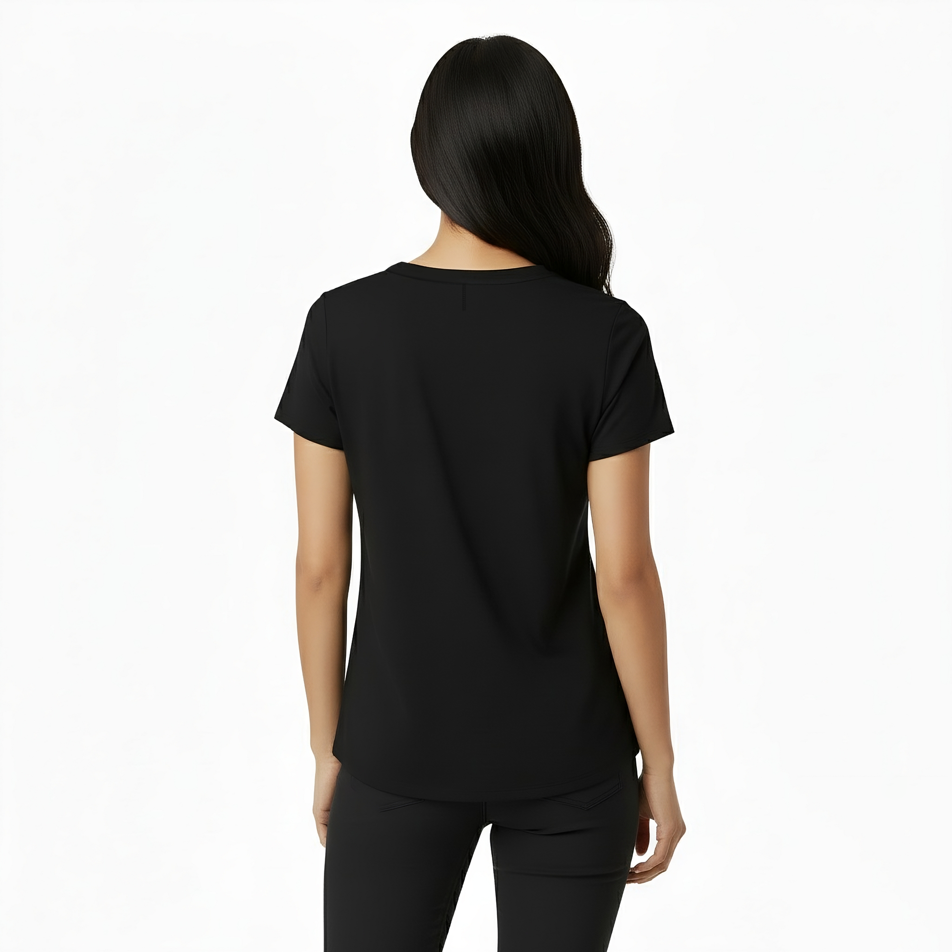 Person wearing a black t-shirt on a white background