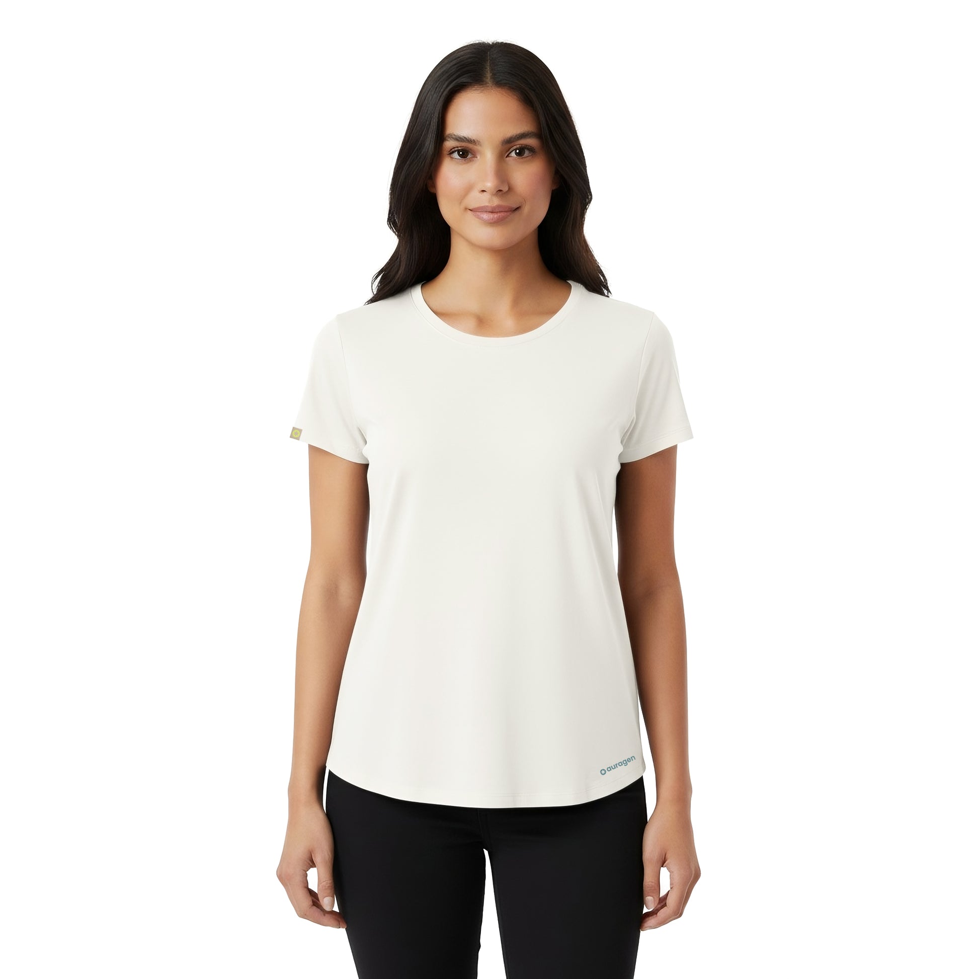 Woman wearing a white t-shirt with a brand logo on a white background