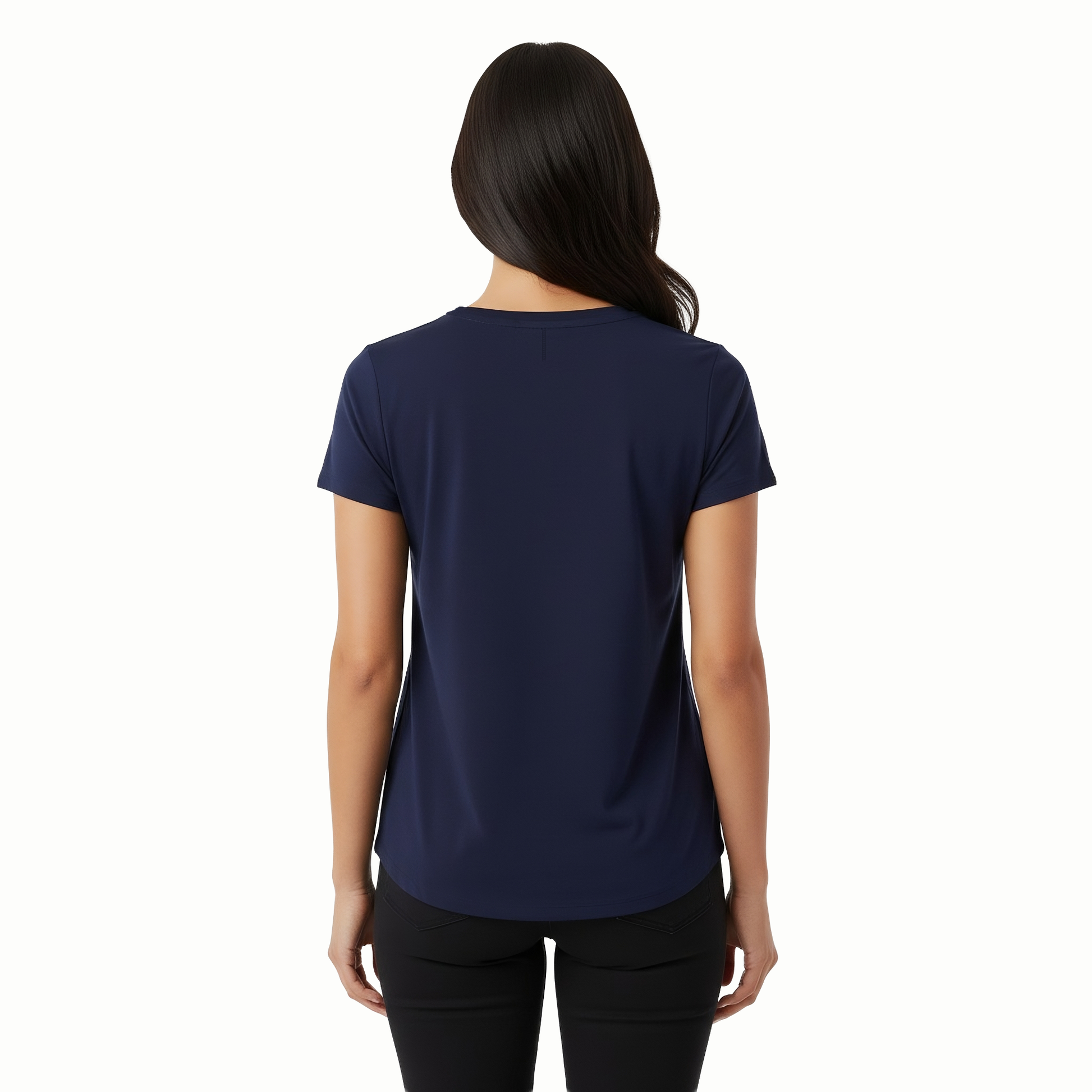 Person wearing a navy blue t-shirt on a white background