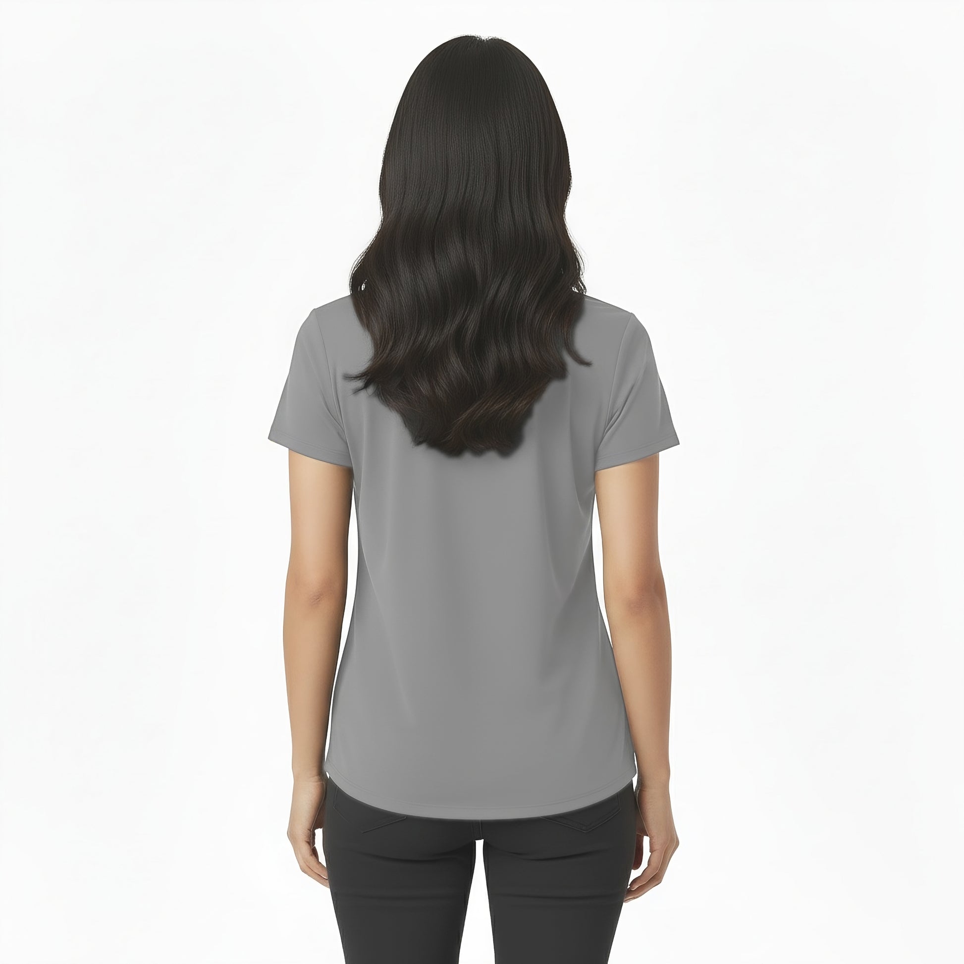Woman wearing a gray t-shirt on a white background