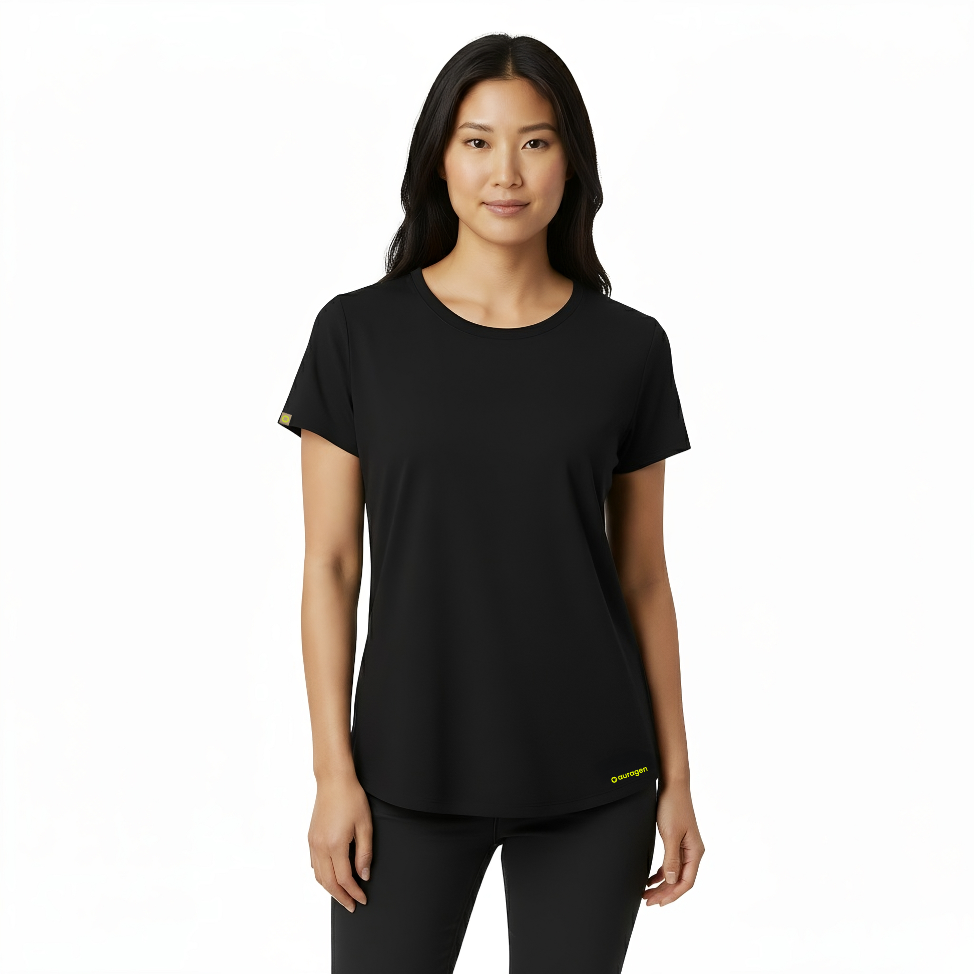 Woman wearing a black t-shirt with a small logo on a white background