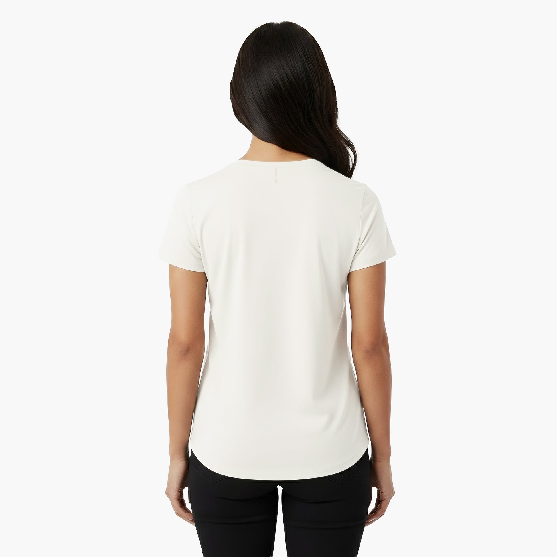 Woman wearing a white t-shirt on a white background