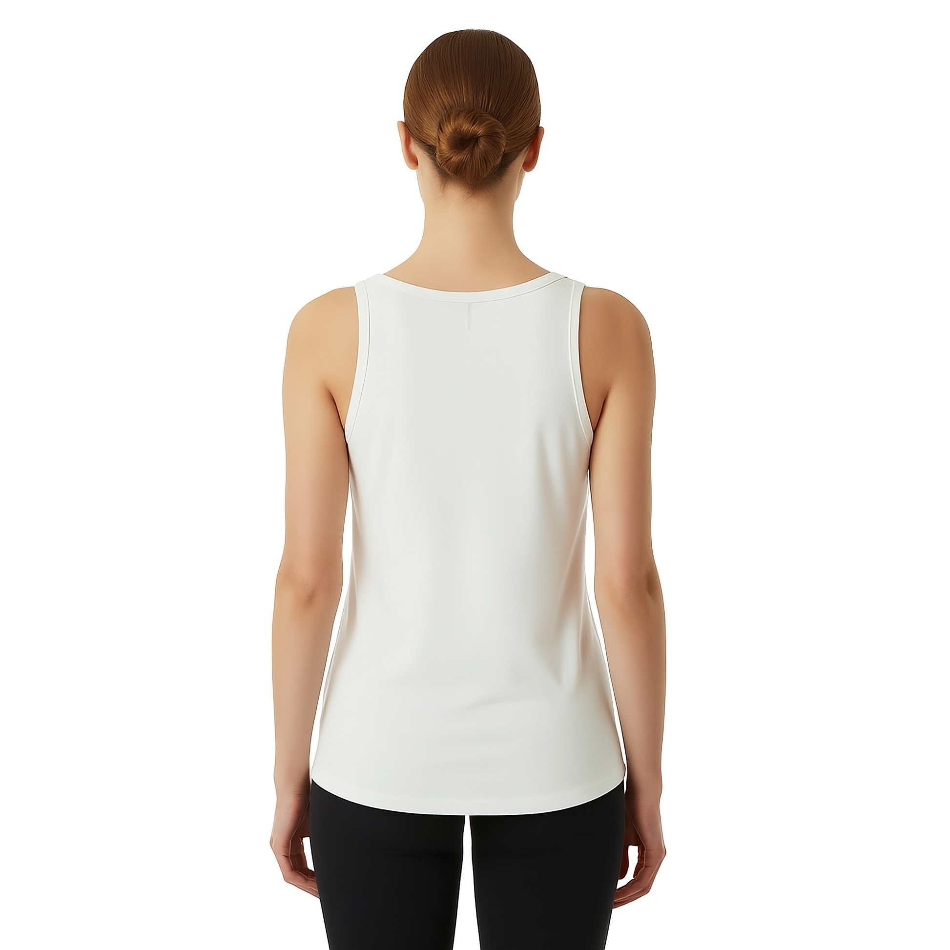 Woman wearing a white sleeveless top and black pants on a white background