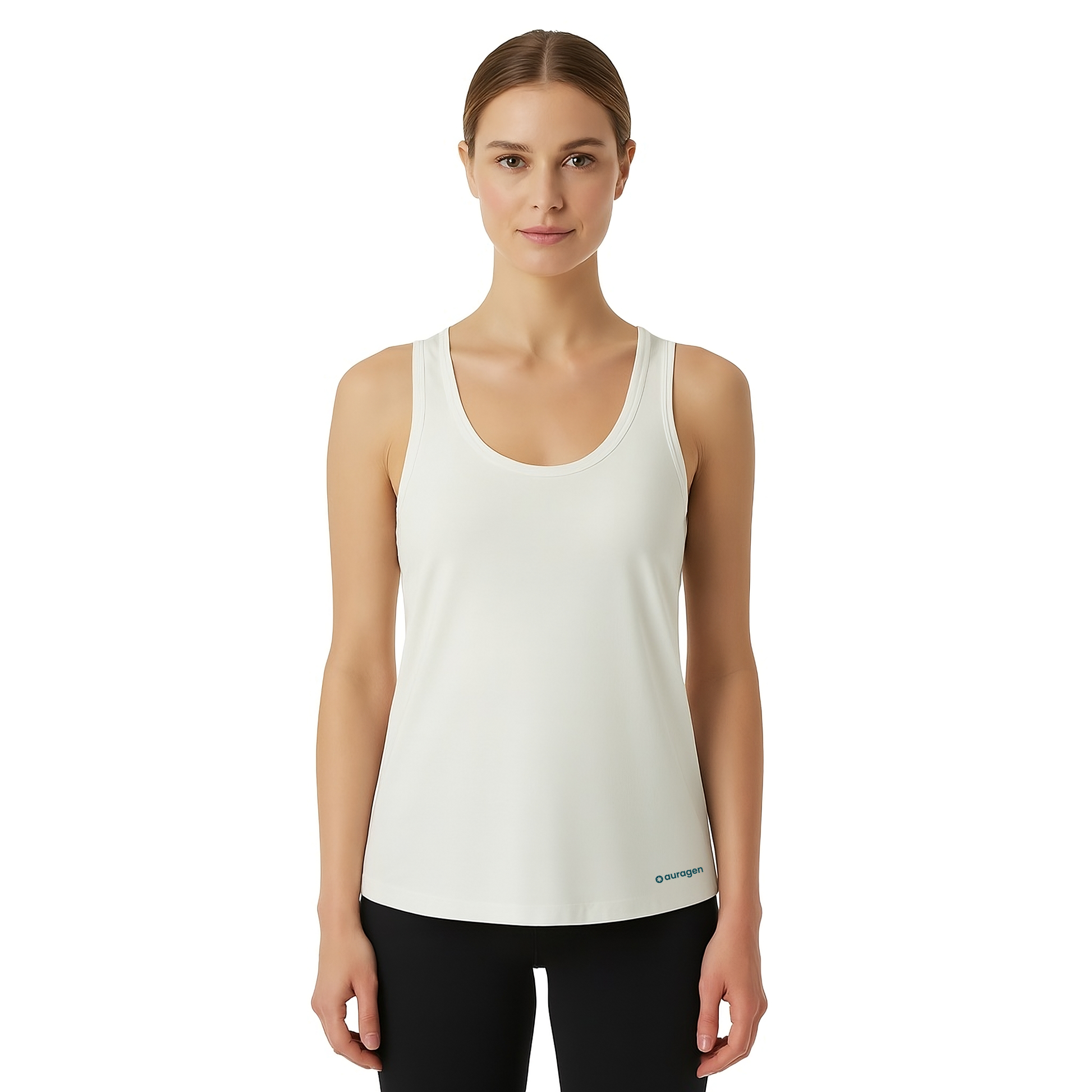Woman wearing a white tank top with a brand logo on a white background