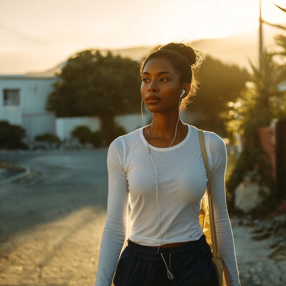 Woman walking outdoors with a blurred background